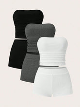 2pcs Women's Knit Bodycon Crop Top And Shorts Set, Casual Daily Wear